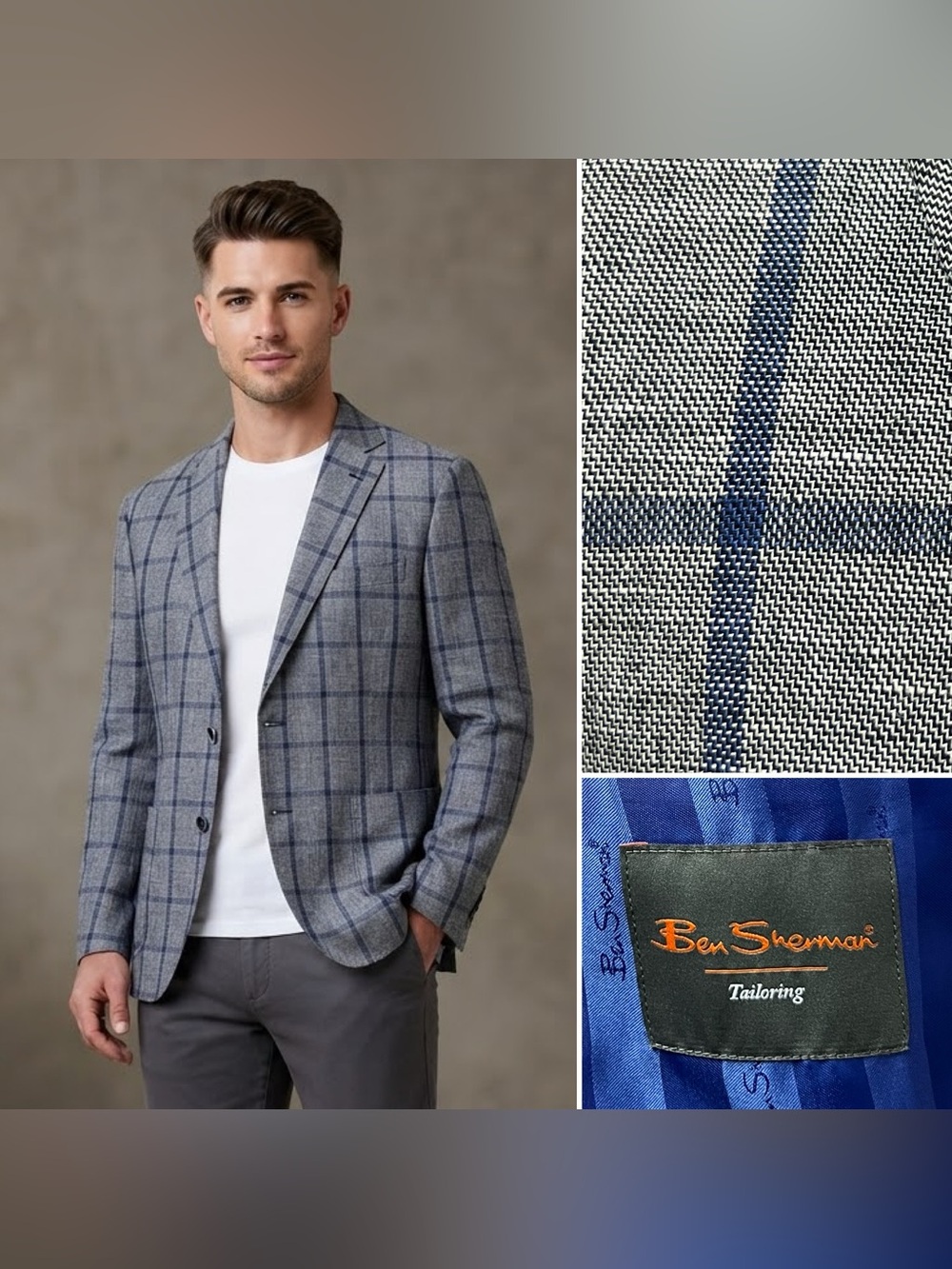 Ben Sherman Men's 50R Linen/Cotton Gray Blue Plaid Unstructured Blazer Jacket
